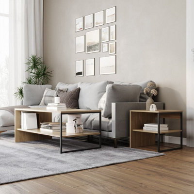 Urbn-Living Urbnliving 100Cm Width Oak Steel Frame Wooden Coffee Table & 2 X 40Cm Sofa Side End Open Storage Unit from B&Q