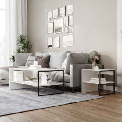 Urbn-Living Urbnliving 100Cm Width White Steel Frame Wooden Coffee Table & 2 X 40Cm Sofa Side End Open Storage Unit from B&Q