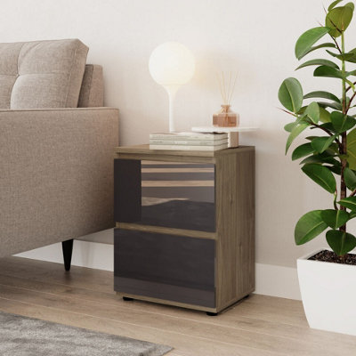 Urbn-Living Urbnliving 49Cm Height Glossy 2 Drawers Bedside Cabinet Chest Of Drawers With Smooth Metal Runner Oak & Grey from B&Q