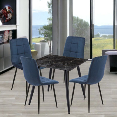 Urbn-Living Urbnliving 5Pcs Crimea Shinny Modern Ceramic Top Dining Table & Blue Velvet Chairs With Metal Legs from B&Q