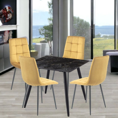 Urbn-Living Urbnliving 5Pcs Crimea Shinny Modern Ceramic Top Dining Table & Yellow Velvet Chairs With Metal Legs from B&Q
