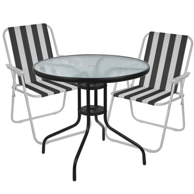 Urbn-Living Urbnliving 2Pcs White & Black Stripes Folding Deck Chairs With Garden Table Outdoor Patio Dining Furniture Set from B&Q