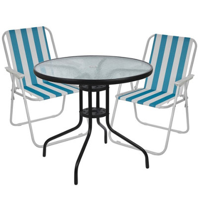 Urbn-Living Urbnliving 2Pcs White & Blue Stripes Folding Deck Chairs With Garden Table Outdoor Patio Dining Furniture Set from B&Q