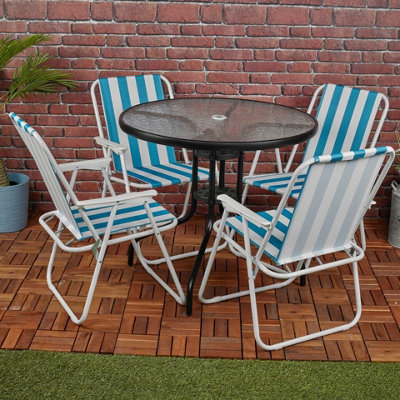 Urbn-Living Urbnliving 4Pcs White & Blue Stripes Folding Deck Chairs With Garden Table Outdoor Patio Dining Furniture Set from B&Q