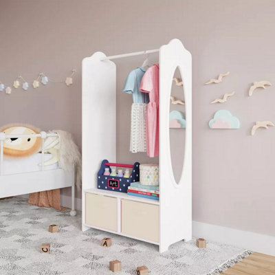 Urbn-Living Urbnliving 120Cm Height Kids White Wooden Hanging Clothes Rail Cream Wardrobe Storage Shelves With Mirror from B&Q