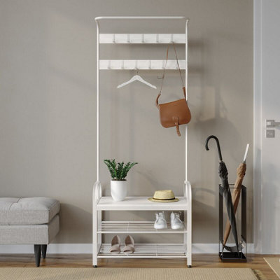 Urbn-Living 183Cm Height Entryway Hallway Coat Hanger Hooks Stand & Shoe Bench Storage Display Rack Unit White