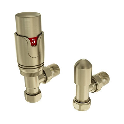 B&Q -  15mm Angled Trv & Lockshield Radiator Valve Brushed Brass Aq413036