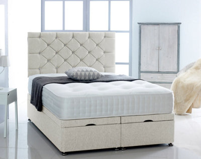 B&Q -  3Ft Single Cream Chenille  Foot Lift Ottoman Bed With Headboard & Mattress