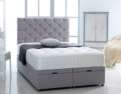 B&Q -  4Ft6 Double Silver Chenille Foot Lift Ottoman Bed With Headboard & Mattress