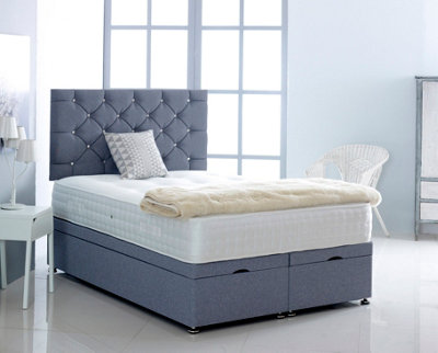 B&Q -  4Ft6 Double Denim Linen Velvet Foot Lift Ottoman Bed With Headboard & Mattress
