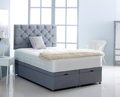 B&Q -  4Ft6 Double Silver Linen Velvet Foot Lift Ottoman Bed With Headboard & Mattress