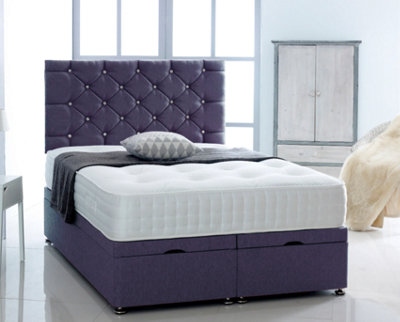 B&Q -  4Ft6 Double Purple Chenille Foot Lift Ottoman Bed With Headboard & Mattress