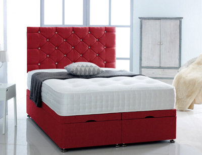 B&Q -  6Ft Superking Red Chenille  Foot Lift Ottoman Bed With Headboard & Mattress