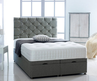B&Q -  4Ft6 Double Grey Chenille Foot Lift Ottoman Bed With Headboard & Mattress