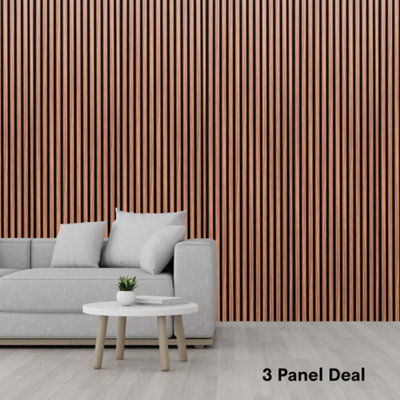 FloorMatch Brown Hickory Oak Acoustic Decorative Slat Mdf Wall Panels 2400mm Length X 600mm Width3 Panel Deal from B&Q