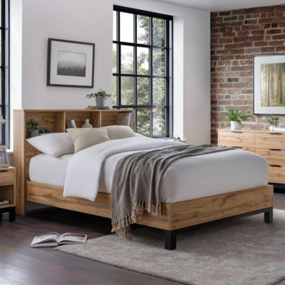 B&Q -  Bali 135Cm Double Oak Effect Bookcase Shelf Headboard Bed