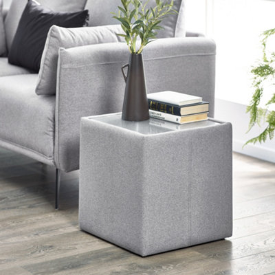 B&Q -  Rohe Grey Square Fabric Upholstered Side TableGlass TopHeight: 46 X Width: 45 X Depth: 45Cm
