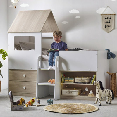 Julian Bowen Orpheus 90Cm Single White And Wood Effect Treehouse Midsleeper Cabin Bed from B&Q