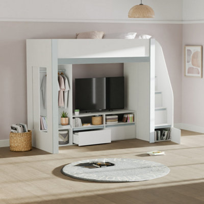 B&Q -  Gaia 90Cm Single White Highsleeper Loft Tv Bed With Storage