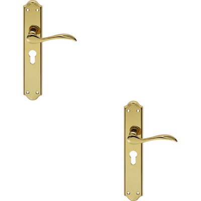 B&Q 2X Pair Curved Handle On Long Euro Lock Backplate 245 X 45Mm Stainless Brass