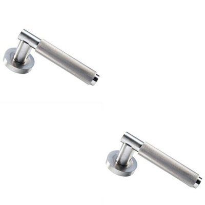 B&Q 2X Pair Knurled Grip Round Bar Handle On Round Rose Concealed Fix Satin Nickel