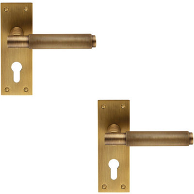B&Q 2X Pair Knurled Round Lever On Slim Euro Lock Backplate 150 X 50Mm Antique Brass