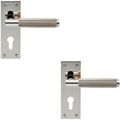 - 2X Pair Knurled Round Lever On Slim Euro Lock Backplate 150 X 50mm Nickel