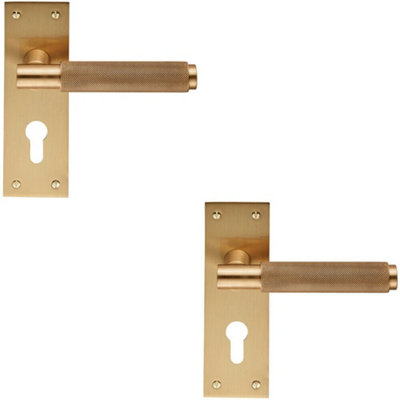  - 2X Pair Knurled Round Handle On Slim Euro Lock Backplate 150 X 50mm Satin Brass