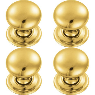 B&Q -  4X Round Victorian Cupboard Door Knob 32mm Dia Polished Brass Cabinet Handle