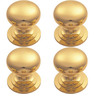 B&Q -  4X Victorian Round Cupboard Door Knob 32mm Dia Polished Brass Cabinet Handle