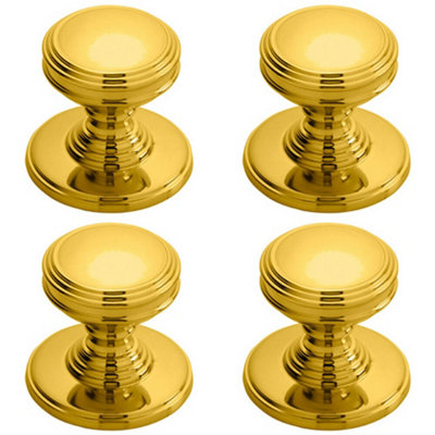 B&Q -  4X Ringed Tiered Cupboard Door Knob 25mm Diameter Polished Brass Cabinet Handle