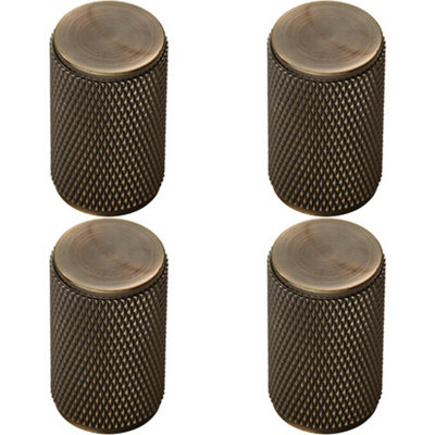 B&Q -  4X Knurled Cylindrical Cupboard Door Knob 18mm Dia Antique Brass Cabinet Handle