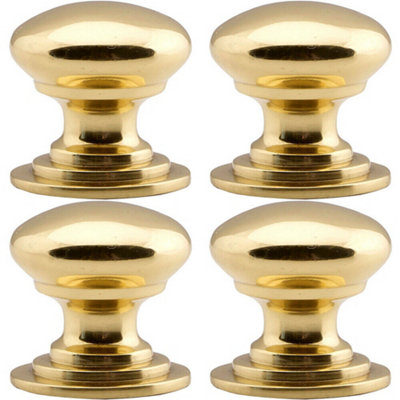 B&Q -  4X Victorian Round Cupboard Door Knob 38mm Dia Polished Brass Cabinet Handle