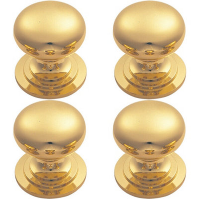 B&Q -  4X Victorian Round Cupboard Door Knob 42mm Dia Polished Brass Cabinet Handle