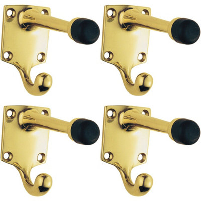 4X One Piece Hat & Coat Hook With Rubber Buffer 88mm Projection Polished Brass from B&Q