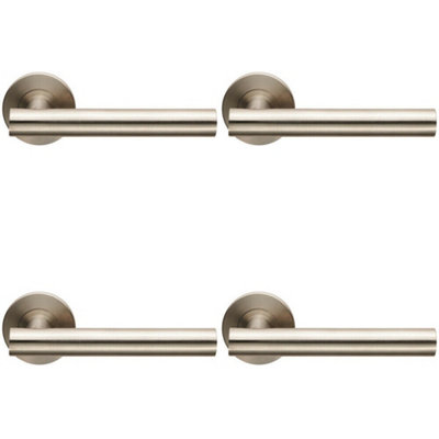  - 4X Pair Straight Round T Bar Lever On Slim Round Rose Concealed Fix Satin Steel