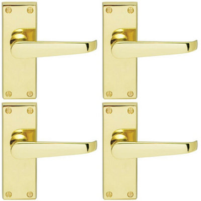  - 4X Straight Victorian Lever On Rectangular Latch Backplate Handle Polished Brass