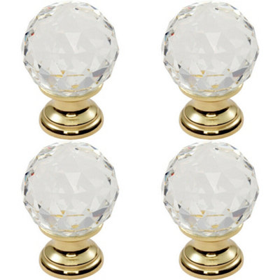 Loops 4X Faceted Crystal Cupboard Door Knob 25mm Dia Polished Brass Cabinet Handle from B&Q