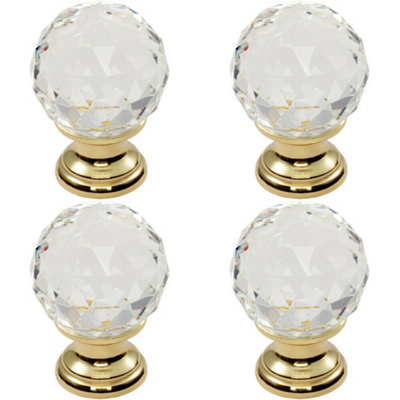 Loops 4X Faceted Crystal Cupboard Door Knob 31mm Dia Polished Brass Cabinet Handle from B&Q