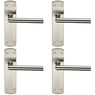 4X Mitred Lever Door Handle On Latch Backplate 172 X 44mm Satin Steel from B&Q