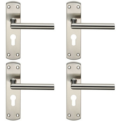4X Mitred Lever Door Handle On Euro Lock Backplate 172 X 44mm Satin Steel from B&Q