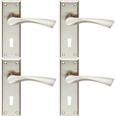 B&Q 4X Pair Angular Lever On Lock Backplate Door Handle 150 X 50Mm Satin Nickel
