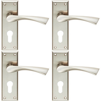 B&Q 4X Pair Angular Lever On Euro Lock Backplate Handle 150 X 50Mm Satin Nickel