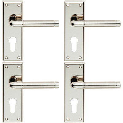  - 4X Pair Round Bar Lever On Euro Lock Backplate 150 X 50mm Polished Satin Nickel