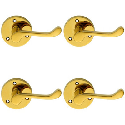 B&Q 4X Pair Victorian Scroll Lever On 58Mm Round Rose Polished Brass Door Handle