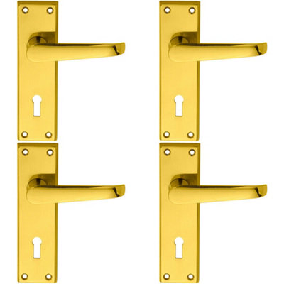 4X Pair Straight Victorian Handle On Lock Backplate 150 X 43mm Polished Brass from B&Q