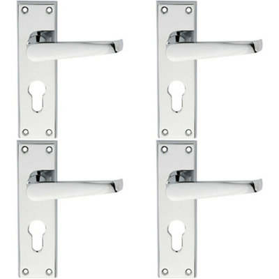 B&Q 4X Pair Straight Victorian Lever On Euro Lock Backplate 150 X 43Mm Chrome