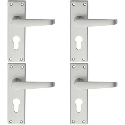  - 4X Pair Straight Victorian Handle On Euro Lock Backplate 150 X 43mm Satin Chrome