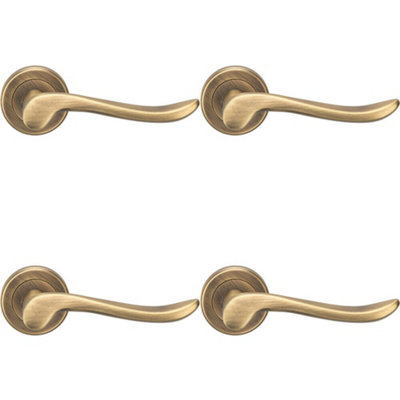 4X Pair Scroll Shaped Lever Handle On Round Rose Concealed Fix Antique Brass