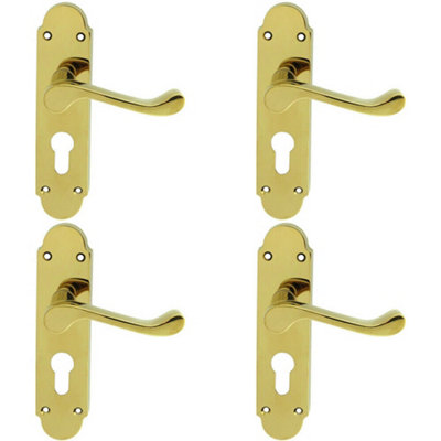  - 4X Pair Victorian Upturned Lever On Euro Lock Backplate 170 X 42 Polished Brass